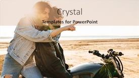  Presentation with motorbike - Presentation theme having beatiful-yong-couple-wearing-jackets background and a coral colored foreground