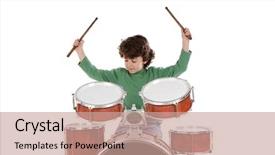  Presentation with drums - PPT theme enhanced with beating kids - beautiful boy playing the drums background and a coral colored foreground