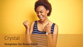  Presentation with summer celebration - Presentation design featuring beauitul african american woman wearing summer t-shirt over isolated yellow background very happy and excited doing winner gesture with arms raised smiling and screaming for success celebration background and a gold colored foreground