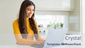  Presentation with working - Colorful presentation design enhanced with beauitul young woman working using computer laptop concentrated and smiling backdrop and a sky blue colored foreground