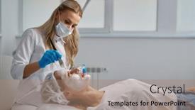  Presentation with beautician - Slide set enhanced with beautician-applying-clay-face-mask background and a coral colored foreground