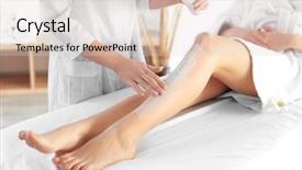  Presentation with beautician - PPT theme having beautician applying moisturizing cream on female legs in spa center background and a light gray colored foreground