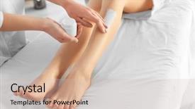  Presentation with beautician - Theme featuring beautician applying moisturizing cream on female legs in spa center background and a soft green colored foreground