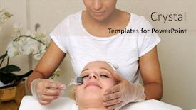  Presentation with beautician - Colorful presentation design enhanced with beautician doing mesotherapy tratment for young women laying down in a beauty salon backdrop and a coral colored foreground