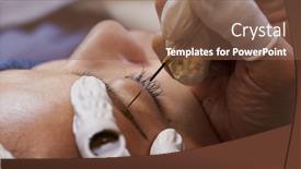  Presentation with beautician - Colorful slides enhanced with beautician hands doing eyebrow microblading with ink needle backdrop and a violet colored foreground