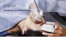  Presentation with beautician - Presentation design consisting of beautician hands doing eyebrow microblading with ink needle background and a light blue colored foreground