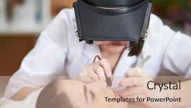  Presentation with beautician - Slides having beautician in magnifying lenses does epilation on upper lip of woman lying on couch in beauty salon background and a lemonade colored foreground