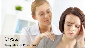  Presentation with beautician - Colorful PPT layouts enhanced with beautician massaging a tired businesswoman backdrop and a soft green colored foreground