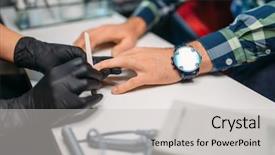  Presentation with beautician - Colorful slide deck enhanced with beautician polishing nails to male backdrop and a light gray colored foreground