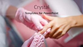  Presentation with beautician - Slide set having beautician salon manicure fingernails polishing background and a coral colored foreground