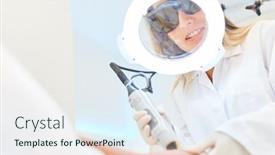  Presentation with magnifying glass - Cool new presentation theme with beautician-with-magnifying-glass-during backdrop and a sky blue colored foreground