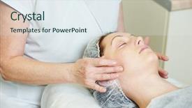  Presentation with beauty cosmetic - Cool new presentation design with beautician worker with paintbrush applying facial cosmetic mask to female client in beauty salon backdrop and a sky blue colored foreground