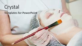  Presentation with beauty cosmetic - Slides with beautician worker with paintbrush applying facial cosmetic mask to female client in beauty salon background and a sky blue colored foreground