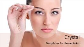  Presentation with mirror - Slide set with beautification - beautiful young woman plucking eyebrows background and a coral colored foreground