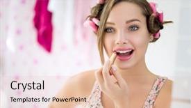  Presentation with makeup fashion model applying lipstick - Slide deck consisting of beautification - reflection of young woman applying background and a lemonade colored foreground