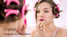  Presentation with makeup fashion model applying lipstick - Audience pleasing theme consisting of beautification - young girl in bathroom applying backdrop and a coral colored foreground