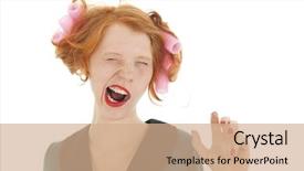  Presentation with lipstick - PPT theme with beautification - young woman with curlers background and a coral colored foreground