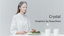  Presentation with lunch - Beautiful PPT theme featuring beautifil unusual woman having healthy lunch at the table over gray background backdrop and a light gray colored foreground