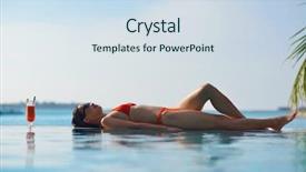  Presentation with vacation - Slide deck featuring beautifu and happy woman girl on beach have fun and relax on summer vacation over the sea background and a sky blue colored foreground