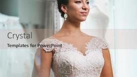  Presentation with bride and groom at wedding - PPT theme featuring beautifu bride choosing wedding dress in a wedding salon background and a coral colored foreground