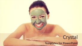  Presentation with facial - PPT theme with beautifu toplessl woman with facial mask with hands on table background and a coral colored foreground