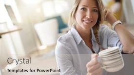  Presentation with hot tea - Slide deck with beautiful 30-year-old woman drinking hot tea sitted on floor background and a lemonade colored foreground