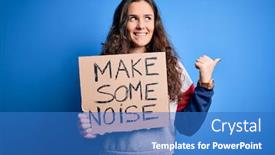  Presentation with banner blue - Audience pleasing slide set consisting of beautiful-activist-woman-holding-banner backdrop and a teal colored foreground