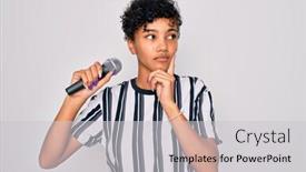  Presentation with african american woman question - Colorful presentation theme enhanced with beautiful-african-american-afro-singer backdrop and a light gray colored foreground