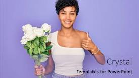  Presentation with purple flowers - Audience pleasing presentation consisting of beautiful-african-american-afro-woman backdrop and a light blue colored foreground
