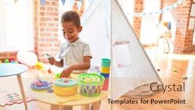  Presentation with cutlery food - Slide deck with beautiful african american toddler playing with plastic food and cutlery toy at kindergarten background and a coral colored foreground