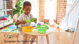  Presentation with cutlery food - Presentation design featuring beautiful african american toddler playing with plastic food and cutlery toy at kindergarten background and a coral colored foreground