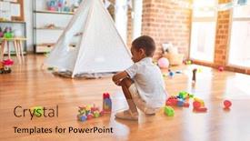  Presentation with wooden toy - Amazing presentation design having beautiful african american toddler playing with wooden blocks train toy around lots of toys at kindergarten backdrop and a coral colored foreground