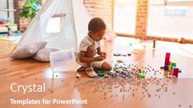  Presentation with building blocks - Presentation design having beautiful african american toddler playing with small building blocks smiling at kindergarten background and a coral colored foreground