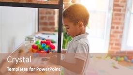  Presentation with building blocks - PPT layouts with beautiful african american toddler standing playing with small building blocks on shelving at kindergarten background and a coral colored foreground