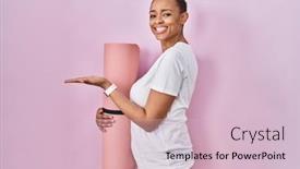  Presentation with woman hands open - PPT theme featuring beautiful-african-american-woman-holding background and a  colored foreground