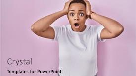  Presentation with woman hands open - PPT theme consisting of beautiful-african-american-woman-standing background and a  colored foreground