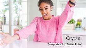  Presentation with hug - Slide deck having beautiful african american woman with afro hair wearing casual pink sweater looking at the camera smiling with open arms for hug cheerful expression embracing happiness background and a lemonade colored foreground