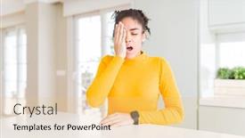 Presentation with face pain - Amazing presentation design having beautiful african american woman with afro hair wearing a casual yellow sweater yawning tired covering half face eye and mouth with hand face hurts in pain backdrop and a lemonade colored foreground