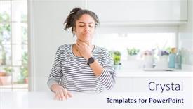  Presentation with sore throat - Presentation design having beautiful african american woman with afro hair wearing casual striped sweater touching painful neck sore throat for flu clod and infection background and a sky blue colored foreground