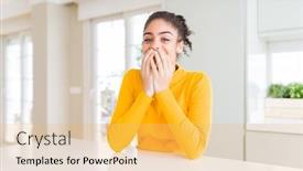  Presentation with scandal - Presentation theme having beautiful african american woman with afro hair wearing a casual yellow sweater laughing and embarrassed giggle covering mouth with hands gossip and scandal concept background and a yellow colored foreground