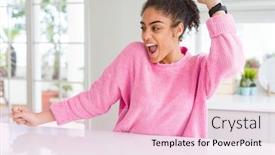  Presentation with american music - Colorful presentation theme enhanced with beautiful african american woman with afro hair wearing casual pink sweater dancing happy and cheerful smiling moving casual and confident listening to music backdrop and a lemonade colored foreground