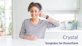  Presentation with african beauty - Audience pleasing theme consisting of beautiful african american woman with afro hair wearing casual striped sweater pointing with hand finger to face and nose smiling cheerful beauty concept backdrop and a sky blue colored foreground