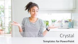  Presentation with woman hands open - Presentation theme featuring beautiful african american woman with afro hair wearing casual striped sweater smiling showing both hands open palms presenting and advertising comparison and balance background and a white colored foreground