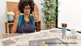  Presentation with hand palm - Slide deck featuring beautiful-african-american-woman background and a  colored foreground