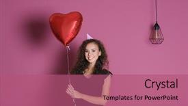  Presentation with american heart - Amazing PPT layouts having beautiful african american woman in party cap with heart shape air balloon on color background backdrop and a coral colored foreground