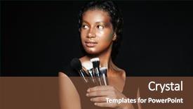  Presentation with brushes makeup - PPT theme with beautiful african american young woman holding and posing with makeup brushes background and a tawny brown colored foreground