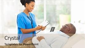  Presentation with children doctor african - Amazing PPT theme having beautiful african female doctor consulting backdrop and a coral colored foreground