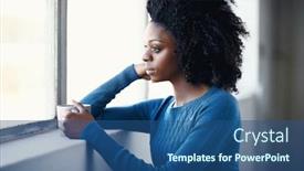  Presentation with beverage - PPT layouts consisting of beautiful african female with afro holding a hot beverage while looking out a window background and a ocean colored foreground