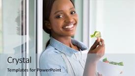  Presentation with ready to eat salad - Cool new slides with beautiful african girl eating salad backdrop and a light blue colored foreground