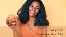  Presentation with nachos - PPT theme consisting of beautiful-african-woman-holding-nachos background and a coral colored foreground